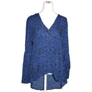 Multiblu Women's Blouse Size EU 38 US Large V-Neck Blue Black Animal Print NEW